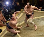 安美錦（あみにしき）の押し倒しにもろくも土俵を割る稀勢の里（きせのさと、左）＝２０１６年１月１０日、東京都墨田区の両国国技館（今野顕撮影）