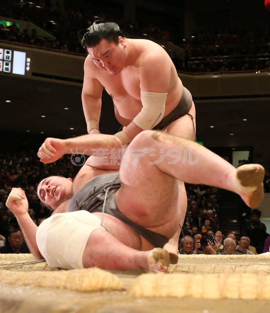 上手投げで栃ノ心を転がした白鵬＝２０１６年１月１５日、東京都墨田区の両国国技館（福島範和撮影）
