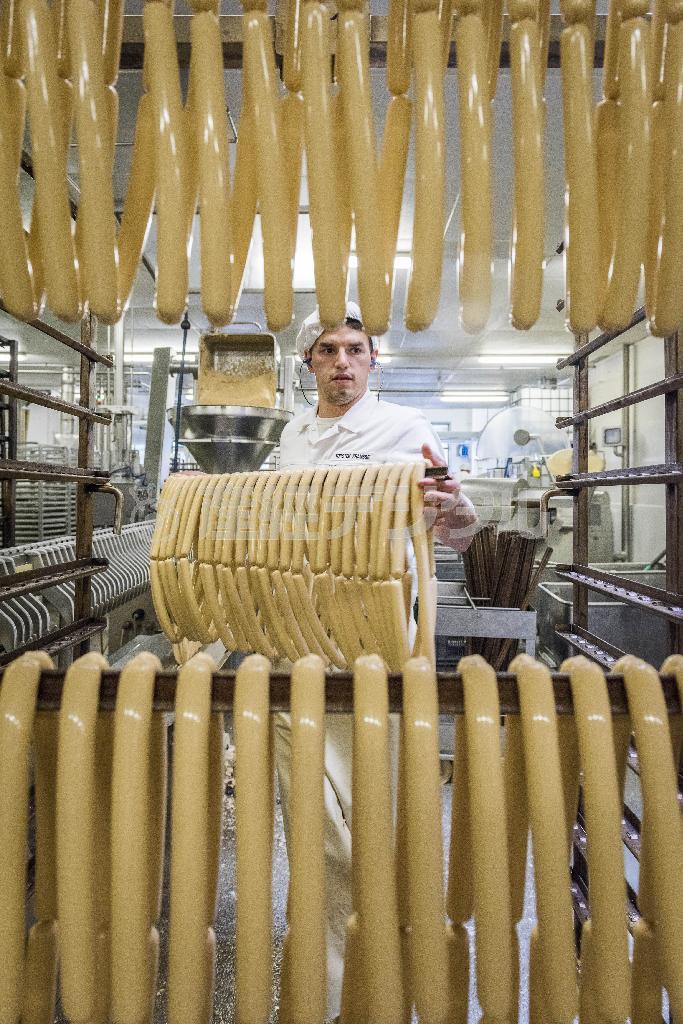 製造途中の豆腐ソーセージ。見た目はほとんど肉のソーセージとかわらない＝ドイツ・バーデン＝ヴュルテンベルク州フライブルク（タイフン提供）