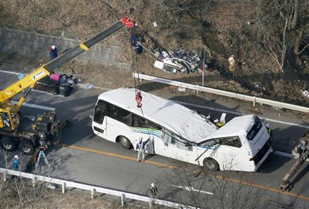 クレーン車で国道に引き上げられたスキーバス。屋根がくの字にひしゃげている=2016年1月15日、長野県北佐久郡軽井沢町(共同)