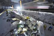 行き交う車両のヘッドライトに照らされる、バス転落事故の現場に供えられた花束＝２０１６年１月２１日夜、長野県北佐久郡軽井沢町（共同）