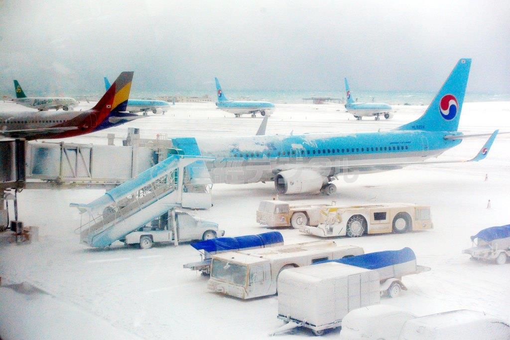 韓国の済州（チェジュ）国際空港も、積雪と強風のため２３日夕から２５日午後まですべての航空便が全て結構になった＝２０１６年１月２４日（ロイター）