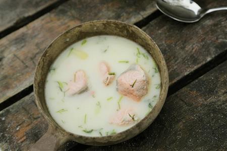 プロのガイドとともに歩く“ウォーキングツアー”では、大自然の中で熱々のサーモンスープが食べられる=2015年11月8日、フィンランド・クーサモ(倉谷清文さん撮影)