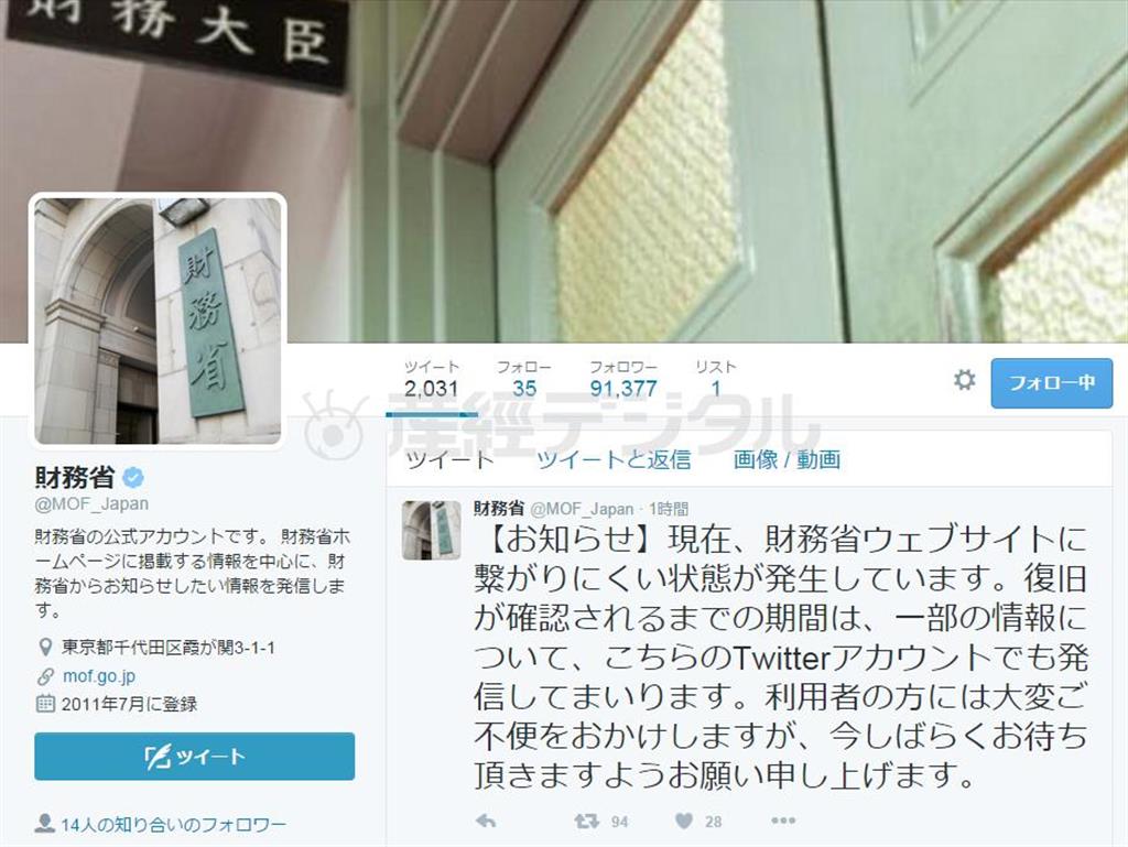 「ウェブサイトに繋がりにくい状態が発生」とつぶやいた財務省公式ツイッター