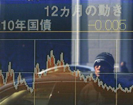 初めてマイナスとなった１０年国債の利回りを示すボード＝９日午後、大阪市