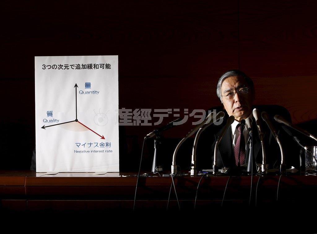マイナス金利導入について説明する日銀の黒田東彦（はるひこ）総裁＝２０１６年１月２９日、東京都中央区日本橋本石町の日本銀行本店（ロイター）