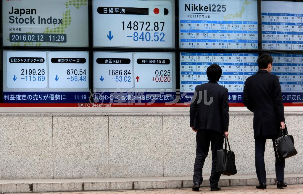 １万５０００円を割り込んだ日経平均株価などを表示する都内の電光掲示板＝２０１６年２月１２日、東京都内（ＡＰ）
