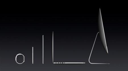 ２０１４年に米アップルが披露した製品ラインナップ。左からアップルウオッチ、アイフォーン、アイパッド、マックブック、アイマック