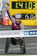 車いすの部女子で９大会連続優勝を果たし、リオデジャネイロ・パラリンピック代表に決まった土田和歌子＝２０１６年２月２８日、東京都江東区の東京ビッグサイト（共同）