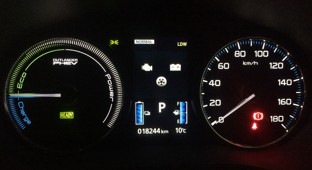 メーターパネル。ガソリンのほか電池残量も確認できる。左側のメーターは「パワー」「エコ」「チャージ」で現在の走行状態を針で示す