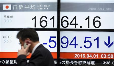 １カ月ぶりの安値で取引を終えた日経平均株価を示すボード＝１日午後、東京都中央区