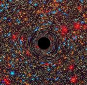 ハッブル宇宙望遠鏡などの観測データをもとにコンピューターで再現した巨大ブラックホールのイメージ図。巨大な質量のため周囲の空間がゆがめられている（ＮＡＳＡ提供・共同）