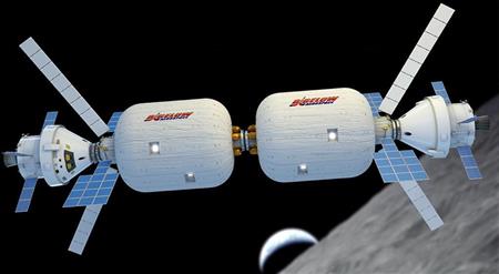 大型モジュールを２個つなげた民間宇宙ステーションの想像図（ビゲロー・エアロスペース提供）