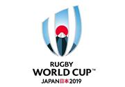 ラグビーワールドカップ２０１９日本大会の公式ロゴマーク。富士山に日の出があしらわれている。