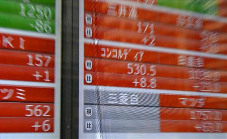 売り注文が殺到し、値が付かない状態を示す三菱自動車の株価ボード（中央下）＝２１日午前、東京都中央区