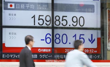 １万６０００円を一時割り込んだ日経平均株価を示すボード＝２日午前、東京都中央区