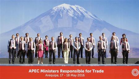 ペルー南部アレキパで開催されたＡＰＥＣ貿易相会合で記念写真に納まる各国出席者＝１７日（共同）