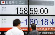 １万６０００円を割り込んだ日経平均株価の終値を示すボード＝１４日午後、東京都中央区
