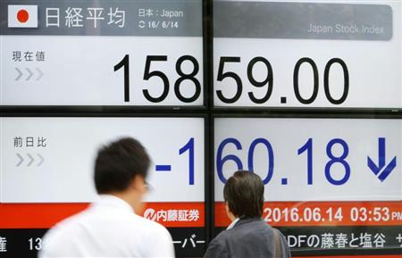 １万６０００円を割り込んだ日経平均株価の終値を示すボード＝１４日午後、東京都中央区