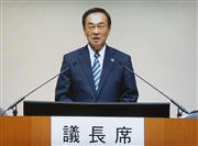 パナソニックの株主総会であいさつする津賀一宏社長のモニター映像＝２４日午前、大阪市
