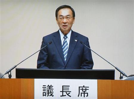 パナソニックの株主総会であいさつする津賀一宏社長のモニター映像＝２４日午前、大阪市