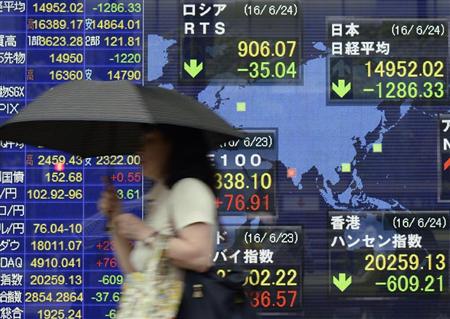 英国のＥＵ離脱派の勝利を受け、大幅下落した日経平均株価の終値などを表示するボード＝２４日午後、東京・八重洲