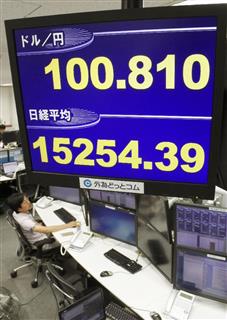 一時１ドル＝１００円台をつけた円相場と日経平均株価を示すモニター＝６日、東京・東新橋の外為どっとコム