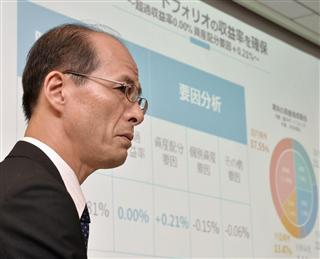 記者会見する年金積立金管理運用独立行政法人の高橋則広理事長=29日午後、東京都港区 記者会見する年金積立金管理運用独立行政法人の高橋則広理事長=29日午後、東京都港区