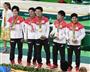 体操男子団体 金メダルを獲得して喜ぶ内村航平ら＝８日、リオ五輪アリーナ（甘利慈撮影）