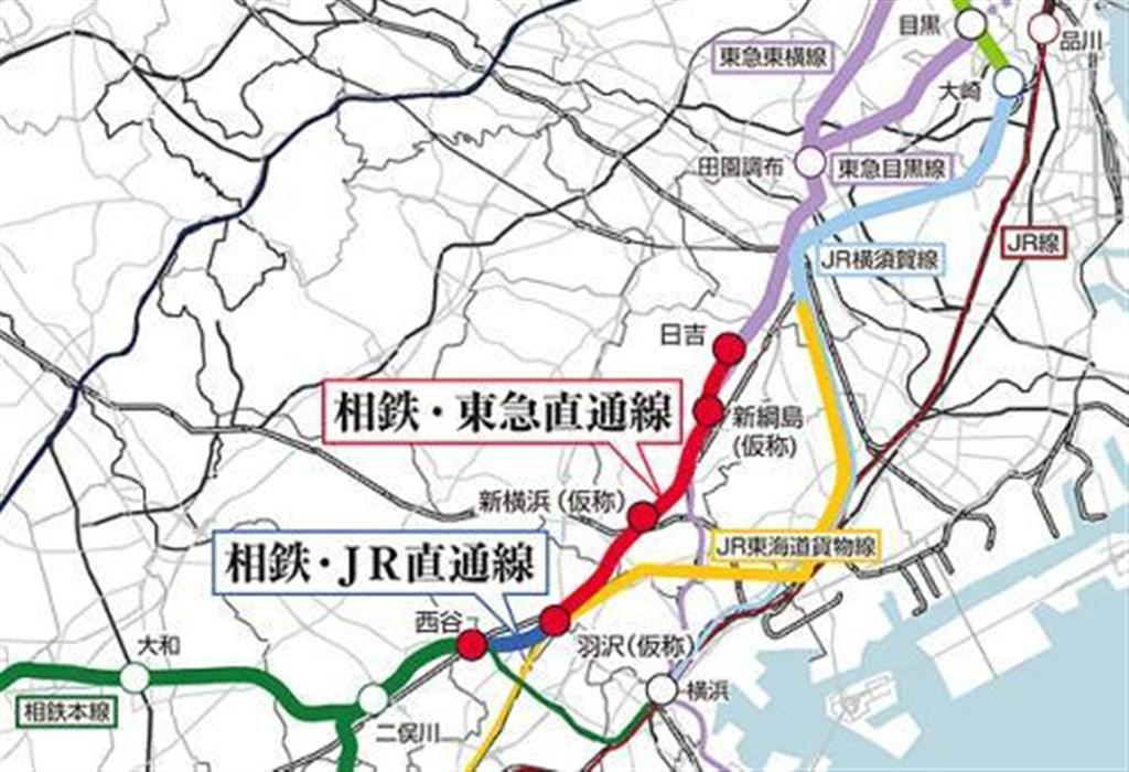 相鉄とＪＲ、東急東横線との直通運転のコース図（相鉄のプレスリリースより）