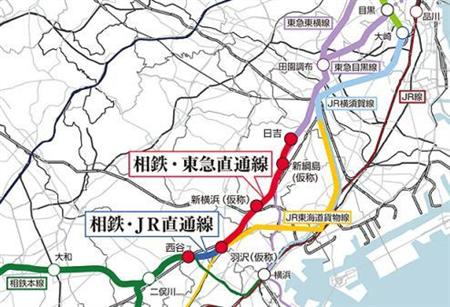 相鉄とＪＲ、東急東横線との直通運転のコース図（相鉄のプレスリリースより）