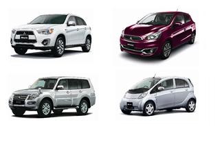 カタログ値以下の燃費と測定された三菱自動車８車種のうち４車種。上段左から「ＲＶＲ」「ミラージュ」、下段左から「パジェロ」「アイ・ミーブ」