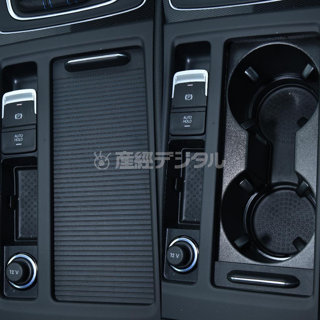 カップホルダーはシャッター付き。左側には電磁パーキングブレーキのスイッチとブレーキのオートホールドスイッチ。この機能が渋滞路を快適にする。ゴルフＧＴＥ