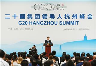 Ｇ２０首脳会合の閉幕後、記者会見する中国の習近平国家主席＝５日、中国・杭州（共同）