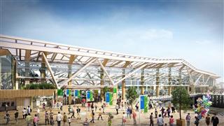 ＪＲ山手線の品川－田町間に整備する新駅の外観イメージ図。折り紙をイメージした屋根など和のデザインが特徴で、ガラス張りの壁面が街と駅全体の一体感を演出する（ＪＲ東日本提供）