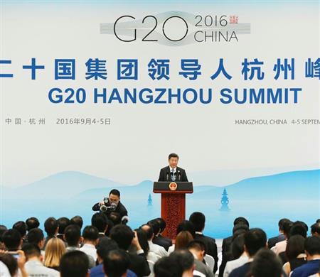 Ｇ２０首脳会議の閉幕後、記者の前で演説する中国の習近平国家主席＝５日、中国・杭州（共同）