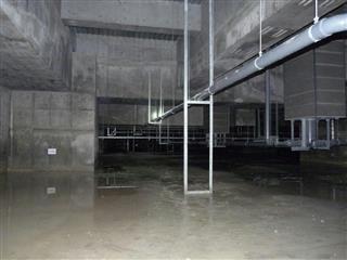 豊洲市場の水産卸売場棟の地下。床面に水がたまり、配水管などが反射して映っている＝７日、東京都江東区（共産党都議団提供）