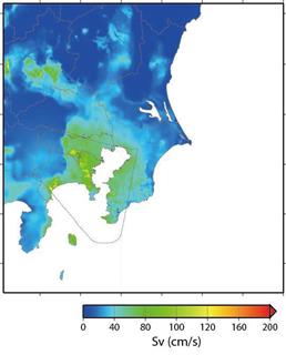 相模トラフ巨大地震の長周期地震動予測。関東大震災タイプの地震が周期２秒（約100mのビル）を揺らした場合。凡例は１秒当たりの揺れ幅（cm）。図中の実線は想定震源域（提供写真）