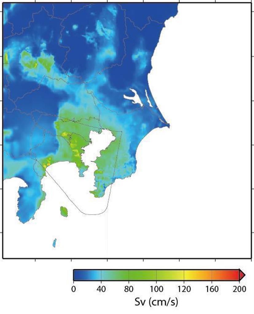 相模トラフ巨大地震の長周期地震動予測。関東大震災タイプの地震が周期２秒（約100mのビル）を揺らした場合。凡例は１秒当たりの揺れ幅（cm）。図中の実線は想定震源域（提供写真）