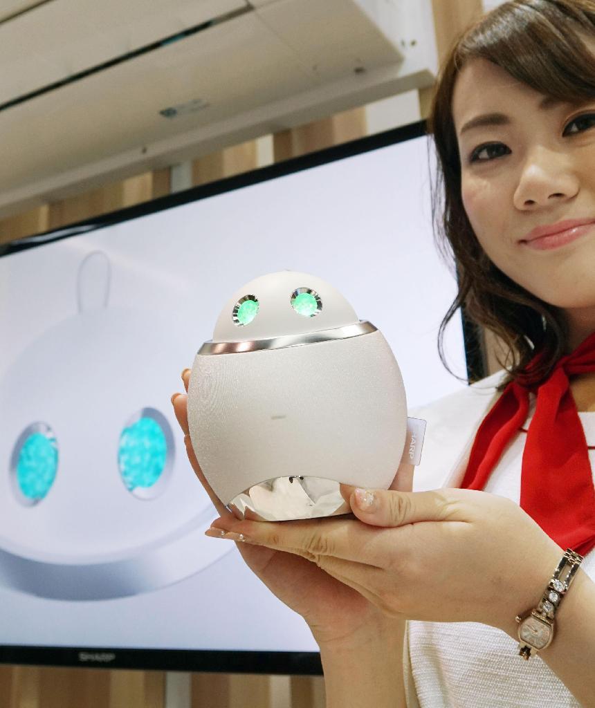 シャープが発売する、自宅の家電を音声で操作できるようにする機器「ホームアシスタント」＝３日、千葉市