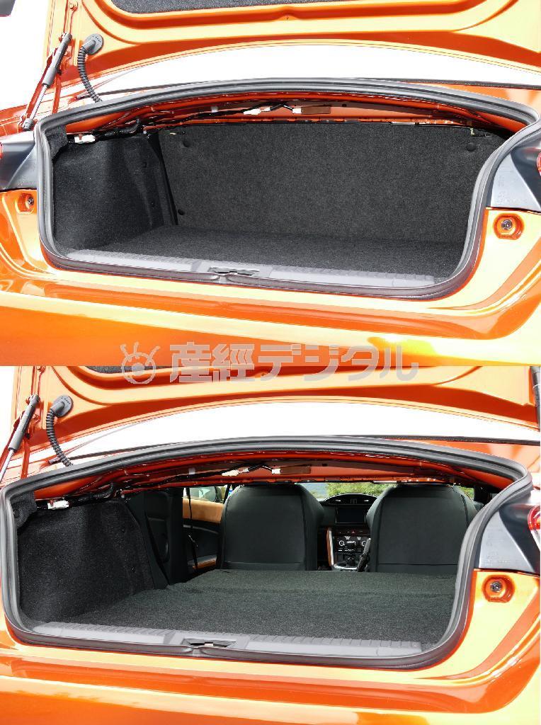 後部座席は一括可倒でトランクスルーに。高さはないが、奥行きはそこそこ。スノーボード、釣り竿程度の長さのものなら積めそうだ。トヨタ・８６