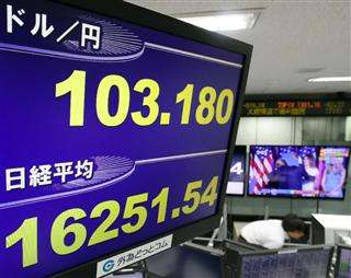 米大統領選開票状況で激しく下落変動した日経平均株価。トランプ候補の当選確実が報じられると、ドル円為替は円安に動いた＝９日、東京都港区東新橋の外為どっとコム（桐山弘太撮影）