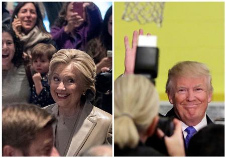 ８日、それぞれ投票を終えたヒラリー・クリントン候補（左）とドナルド・トランプ候補（ＡＰ）