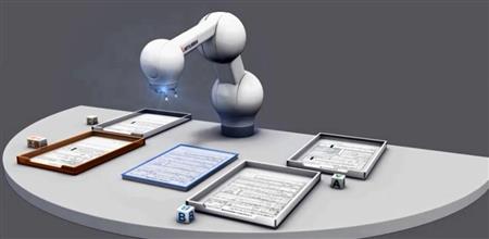 人工知能で書類を読み取り、ロボットアームで仕分けする三菱電機が開発中のシステムのイメージ