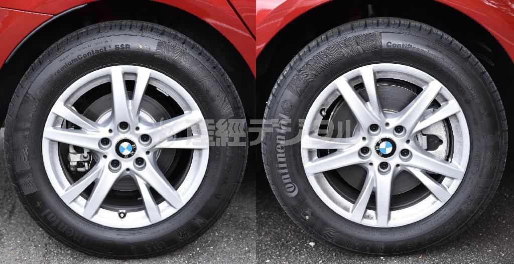 タイヤサイズは前輪（右）後輪（左）ともに２０５／６０Ｒ１６と乗り心地重視の設定。でもブレーキディスクはデカい！ＢＭＷ・２１８ｄグランツアラー
