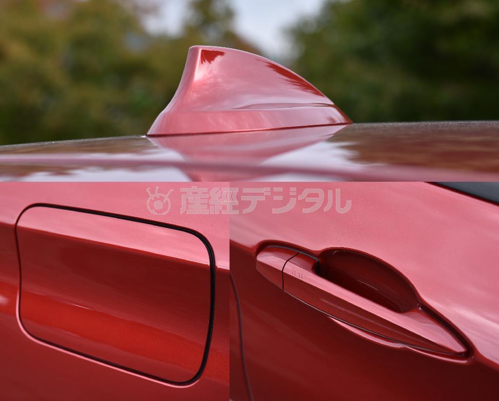 シャークフィンアンテナ（うえ）、フュエルリッド（左）、前席ドアハンドル（右）。ＢＭＷ・２１８ｄグランツアラー