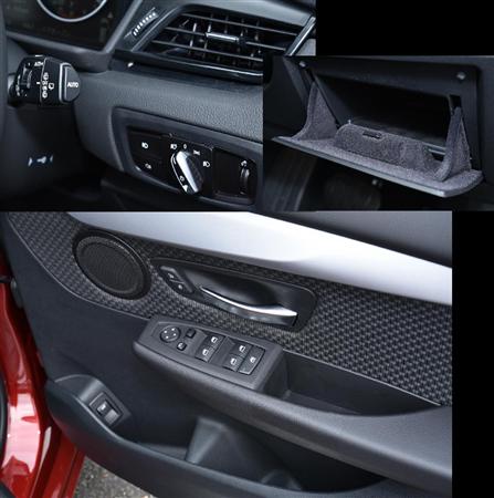灯火類のスイッチ（左）、その下に小物入れ（右）、運転席ドアのスイッチ類（下）。ドアポケットには５００ｍｌのペットボトルが２本入る。ＢＭＷ・２１８ｄグランツアラー