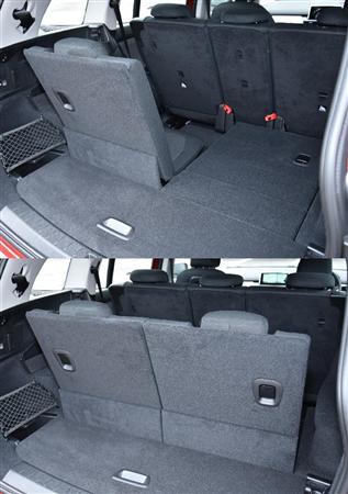 ３列目シートは片方ずつそれぞれワンタッチで引き起こせる。当然荷室は急激に狭くなる。ＢＭＷ・２１８ｄグランツアラー