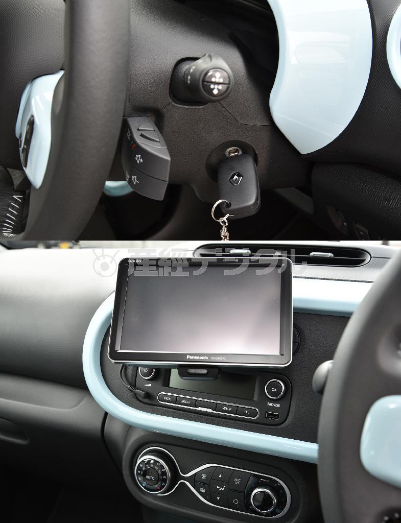 キーはシリンダー式（上）、オーディオ、空調の操作パネルは舶来家電の雰囲気（下）。ルノー・トゥインゴ