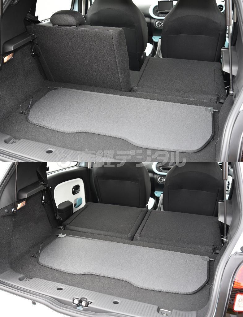 後席は２分割可倒。段差のないフルフラットかつ出っ張りが少ないので、２人乗りの時ならかなり使いでがある。ルノー・トゥインゴ